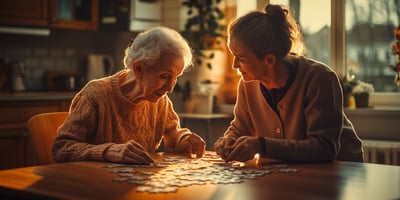 Senior care worker helping a elderly woman with fine motor skills by building a puzzle